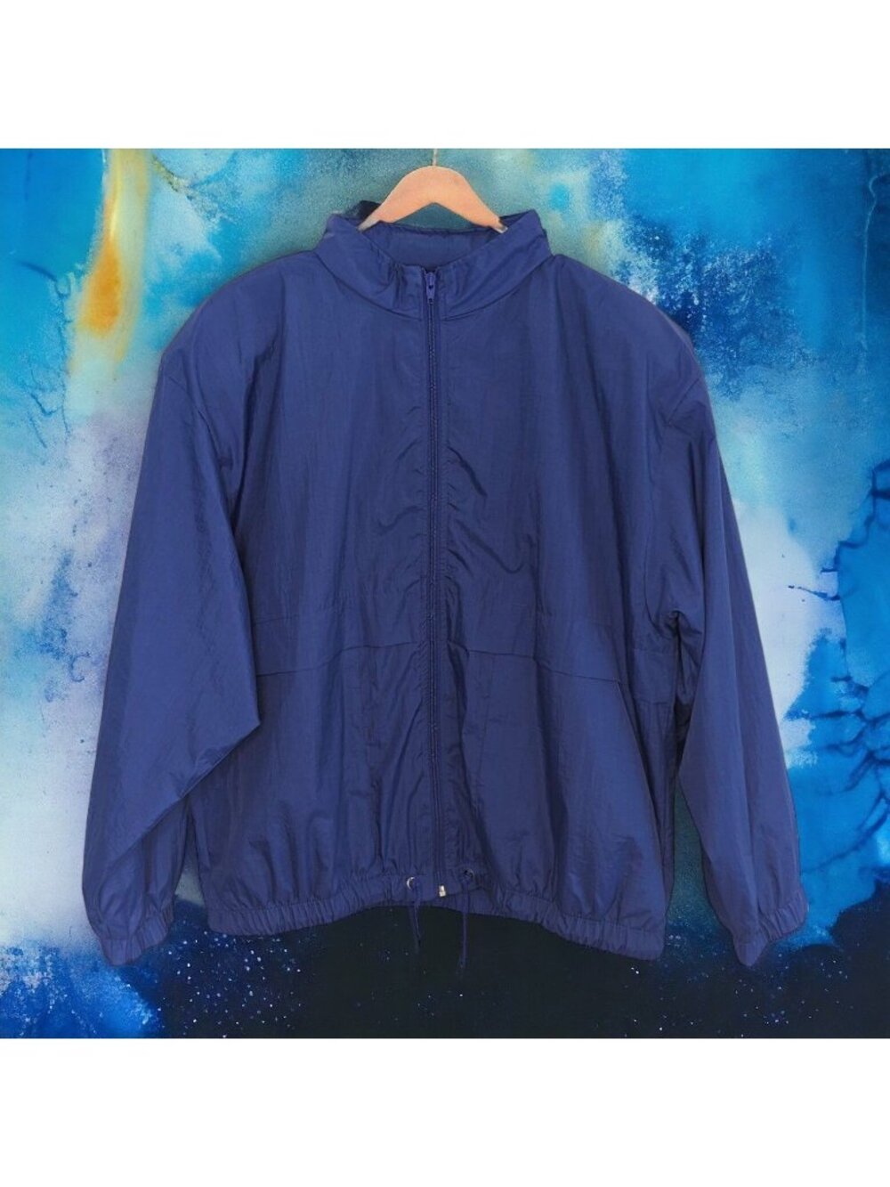 Vintage 90s Royal Blue Raincoat Windbreaker Hidden Hood Estimated L